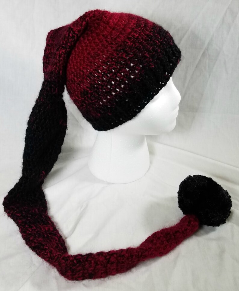 Crochet Pixie Long Tail Winter Hat, Wool Stocking Cap, Winter Fashion Hat, Faerie Fairy, Elf Hat, Faux Fur Pom, Adult sized Ombre Winter Hat image 3