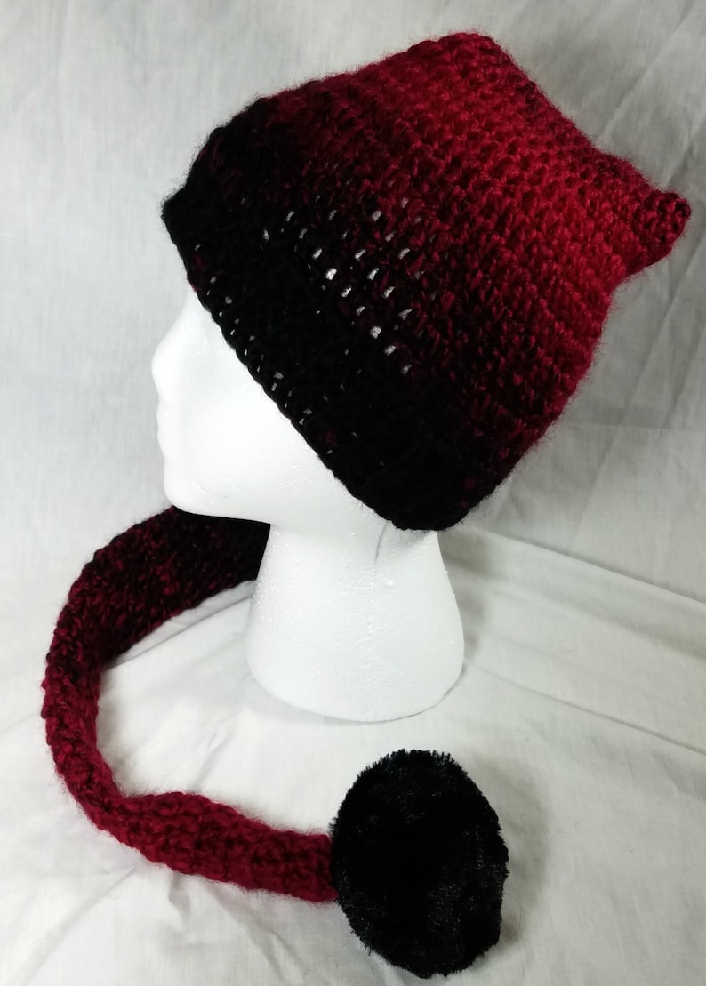 Crochet Pixie Long Tail Winter Hat, Wool Stocking Cap, Winter Fashion Hat, Faerie Fairy, Elf Hat, Faux Fur Pom, Adult sized Ombre Winter Hat image 5