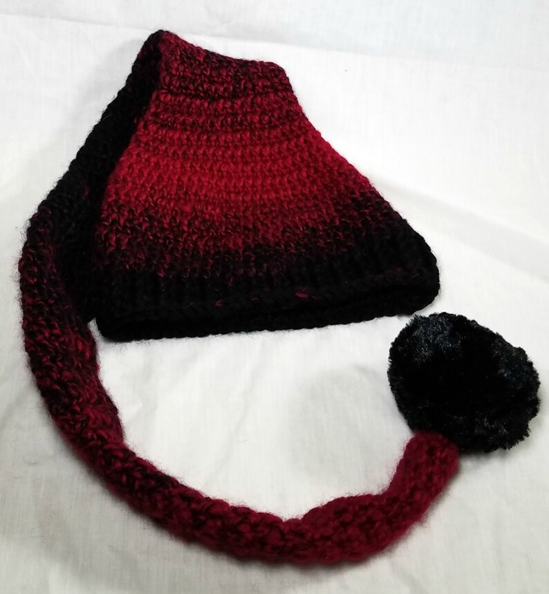 Crochet Pixie Long Tail Winter Hat, Wool Stocking Cap, Winter Fashion Hat, Faerie Fairy, Elf Hat, Faux Fur Pom, Adult sized Ombre Winter Hat image 4