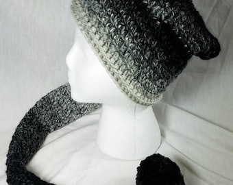 Crochet Pixie Long Tail Winter Hat, Wool Stocking Cap, Winter Fashion Hat, Faerie Fairy, Elf Hat, Faux Fur Pom, Adult sized Ombre Winter Hat