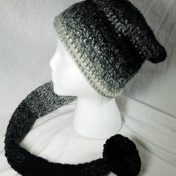 Crochet Pixie Long Tail Winter Hat, Wool Stocking Cap, Winter Fashion Hat, Faerie Fairy, Elf Hat, Faux Fur Pom, Adult sized Ombre Winter Hat