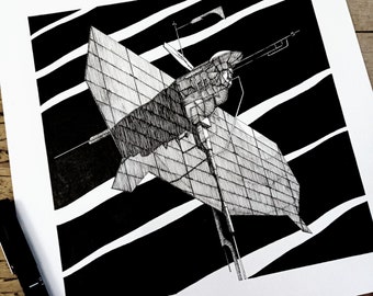 Ilustración satelital original dibujada a mano a pluma y tinta