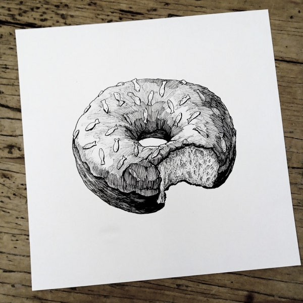 Original Fish Sprinkle Doughnut illustration hand drawn pen and ink art