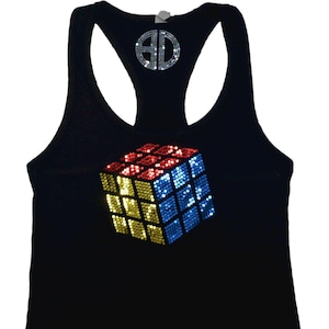 Magic Cube Bling Shirt for Women – Handmade Holographic Sequin Top, Festival Party Gift, Casual Retro Graphic Tee, Sparkly Tank Top