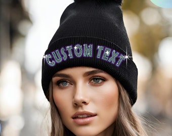 Custom text Bling Beanie - Glitter Pom-Pom Knit Winter sequins Hat with Personalized sparkling logo, Text Design Perfect Gift, team dazzling