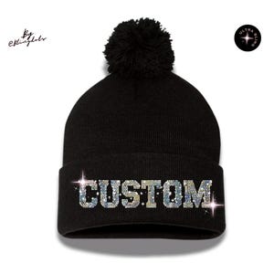 Wunschtext Bling Mütze | Glitzer Bommel Wintermütze | Personalisierte Pailletten-Logo-Cap für Cheer Dance Teams, Markengeschenke