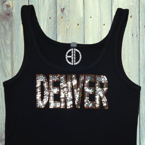 Denver Bling Tank Top for Women – Sparkly Sequin City Shirt, Festival Outfit, Glittery Handmade Top, Holographic sequin