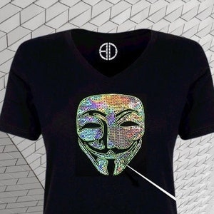 Herren Bling-Shirt, Metallic-T-Shirt für Männer, anonymes Gesicht DJ-Stil, V-Ausschnitt Glanzfolie-T-Shirt personalisiert, Musikgeschenk, Clubbing nobles T-Shirt