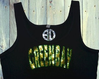 Camiseta sin mangas con lentejuelas brillantes de Green Bay para mujer: atuendo con lentejuelas para el día del partido, camiseta de fan de fútbol hecha a mano, camiseta brillante con lentejuelas.
