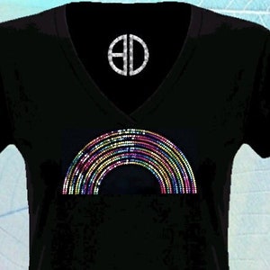 Rainbow Bling V -neck Shirt for Women – Glitter Pride Tee, Festival Outfit, Handmade, Glitter Top, Colorful Gift Idea, Holographic sequin.