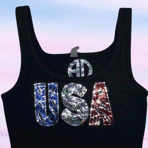 USA Bling Shirt Sequins Tank Top glossy Glitter 4th of July Patriotic Sparkly Flag Tee