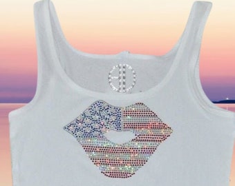 USA Kiss Bling Tank Top for Women –Sparkly Sequin Patriotic Shirt, Glitter 4th of July Outfit, Handmade Pride Tee Patriotic Sparkly Flag Tee