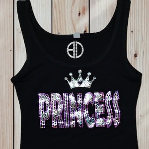 Bling Princess Tank Top for Women – Sparkly Crown Tee, Cute Gift, Festival or Party Outfit, Glam Sleeveless Shirt, Holographic Sequin