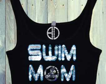 Camiseta de natación para mamá con lentejuelas brillantes, sin diamantes de imitación, para nadar en azul