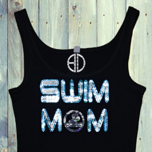 Swimming Swim Mom BLING Shirt Sequins Tank Top No Rhinestones Swimmer blue