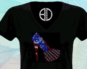 USA high heels Bling Shirt - Holographic Sequins Tank Top, Glitter 4th of July Patriotic Sparkly Flag Tee, Sparkly Fourth of July Outfit
