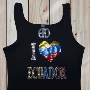 I Love Ecuador Sequin Tank Top for Women – Sparkly Bling Shirt, Glitter Festival Outfit, Handmade Country Pride Tee