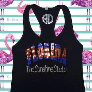 Florida Bling Racerback Tank Top for Women – Sparkly Sequin Shirt, Glitter Beach Outfit, Handmade Sunshine State Tee Shirt glitter