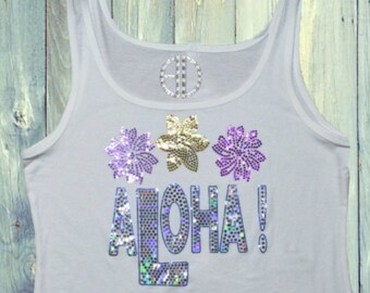 Aloha Hawaiian Tank Top–Women’s Summer Beach Shirt, Tropical Vacation Wear, Lightweight, Boho Festival Outfit, Sequin Shirt, Sparkly TankTop