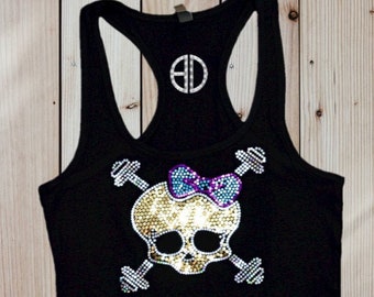 Women's Bling SKULL weights Sequins Tank Top gym workout sports cross training fit shirt