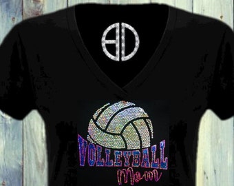 Tanktop moeder volleybal – holografisch shirt met lovertjes voor dames, outfit voor wedstrijddag, sprankelend sportcadeau, casual atletisch moeder-T-shirt, shirt met v-hals.