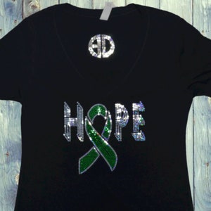 Liver Cancer awareness, bling shirt, Hope shirt,  Family support shirt, green ribbon shirt, 5K shirt, Cancer survivor shirt,  cancer fight