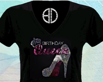 Birthday Queen stiletto heel Bling shirt V Neck Sequins Logo Glitter No rhinestones sparkly Tee