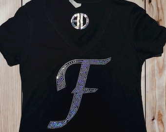 Custom Bling tshirt, Initials Big Letters monogram on a shirt or tank top Sequins Glitter sparkly Tee