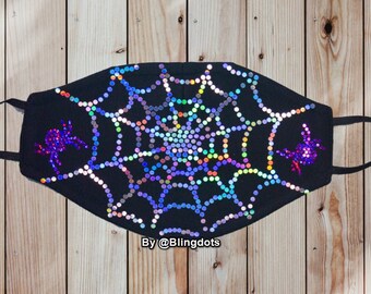 Spiderweb bling Face Mask, Halloween mask, spider web mask, fun glitter mask, fashion, washable Fast shipping made in USA
