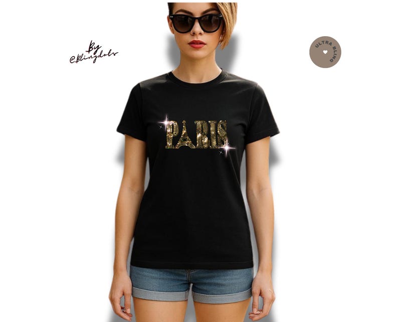 Koszulka z cekinami I Love Paris Bling - holograficzna koszula z cekinami, Wieża Eiffla, lśniąca złota koszula z błyszczącymi cekinami, patriotyczna, modna koszulka w paryskim stylu zdjęcie 2