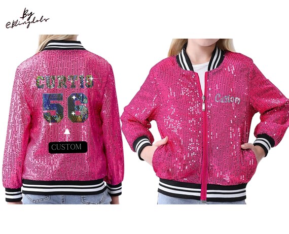Girl s Custom Sequin Glitter Bomber Jacket Personalized Text Bling Fashion Shiny Glitter Sparkling Jacket Zipper Long Sleeve 6 12 Years Etsy