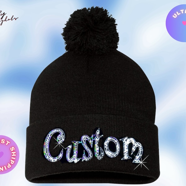 Custom Sparkling Beanie - Personalized Knit Winter Hat with Glitter Pom-Pom and Logo Text Design - Great for Gifts - Team Dazzling