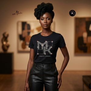T-shirt personnalisé monogramme Bling avec initiales pailletées, logo scintillant, débardeur personnalisé, cadeau d'anniversaire de luxe, tenue événementielle
