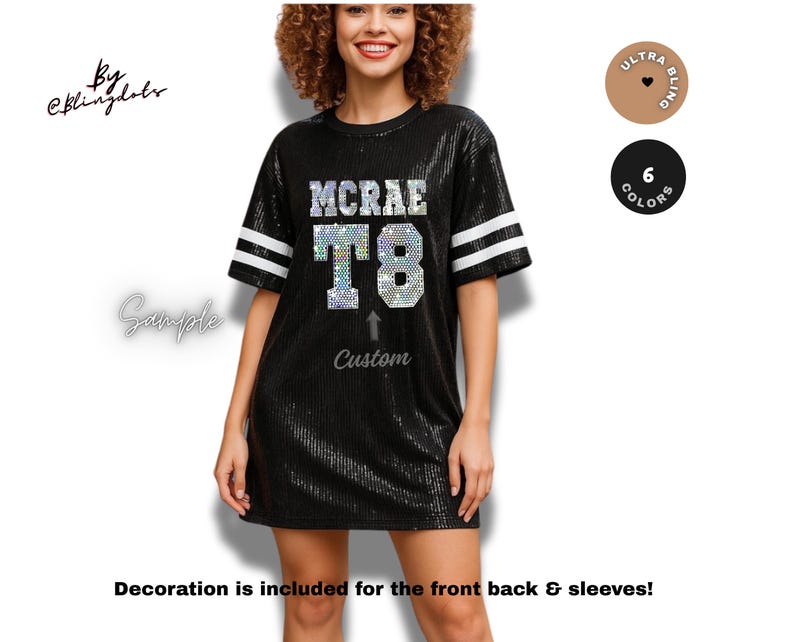 Vestido de jersey brillante personalizado: atuendo brillante personalizado para conciertos, festivales y eventos, jersey brillante con texto personalizado, vestido de artista fan imagen 1