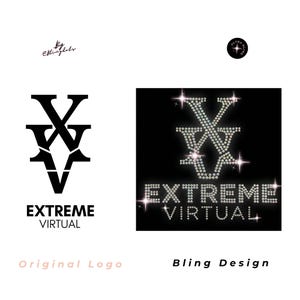 May include: A graphic design comparison featuring a black logo with the letters XVV and the text EXTREME VIRTUAL on the left, and a matching version on the right rendered in sparkling rhinestones on a black background with the same text.