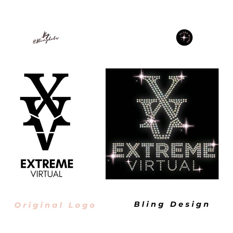 May include: A graphic design comparison featuring a black logo with the letters XVV and the text EXTREME VIRTUAL on the left, and a matching version on the right rendered in sparkling rhinestones on a black background with the same text.