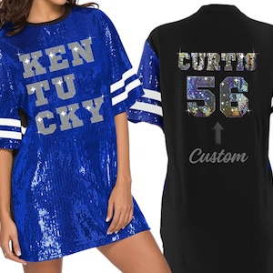 Kentucky paljetttunika med blingmönster, lång skjorta för kvinnor och flickor, anpassningsbar text, glamorös glitterjersey, universitetsstil, personligt skimrande