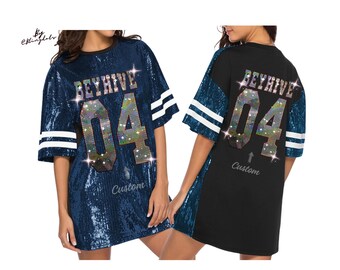 Custom Bling Sequin Dress Long Shirt Tunic sparkly Personalized glitter Jersey Oversize Text Name Number, Birthday, Concert, Festival Outfit