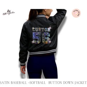 Custom Bling Baseball Satin Jacket, custom text, personalized name number, varsity Fan coat collegiate striped trim bomber Jacket sportswear