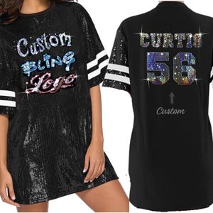 Custom Bling Dress Sequin Tunic Long Jersey Shirt with Personalized Text for Bachelor Party, Graduation, Birthday, Sweet 16, Wedding, Prom
