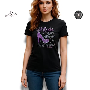 A queen was born on... Custom Month Happy Birthday to me Bling shirt V Neck Sequins Logo Glitter No rhinestones sparkly Tee