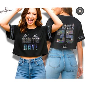 Personalized Bling Birthday Crop Top – Glitter Striped Jersey Tee with Custom Name & Number, Drop Shoulder Sparkle Party Shirt