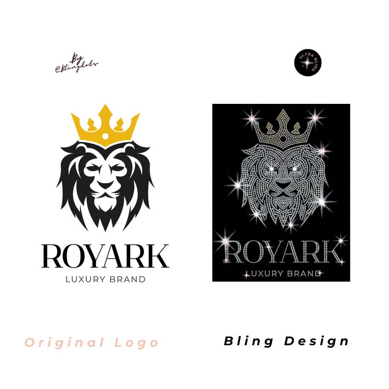 May include: A logo design featuring a black lion head with a gold crown above the text ROYARK LUXURY BRAND. Beside it, a bling version of the same lion and text rendered in sparkling silver rhinestones on a black background with starburst effects.