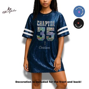 Custom chapter Birthday Bling sequins Dress long Shirt Tunic bedazzled personalized glitter number Glamorous Jersey  Bling Shimmering Text