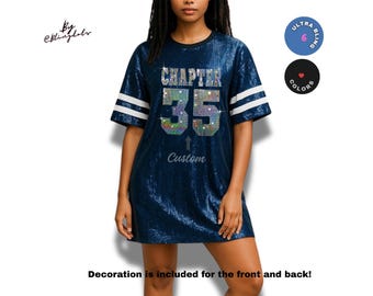 Custom chapter Birthday Bling sequins Dress long Shirt Tunic bedazzled personalized glitter number Glamorous Jersey  Bling Shimmering Text