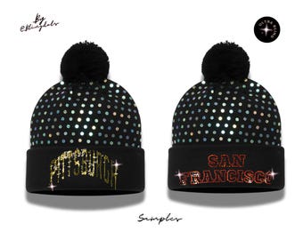 Custom Text Bling Beanie | Glitter Pom-pom Knit Winter Hat  display picture 2