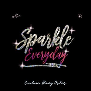 May include: A graphic design on a black background featuring the text Sparkle Everyday in a script font. The word Sparkle is composed of silver rhinestones, while Everyday is in pink and purple rhinestones. A silver rhinestone line underlines the text.