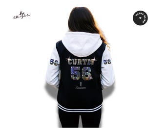 Custom Bling Varsity hoodie Jacket for Women – Sparkly Personalized personalized text or logo Letterman Bomber Coat, Retro Streetwear