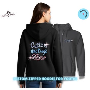 Benutzerdefinierter Bling-Jugend-Zipper-Hoodie - Mädchen-Glittery Pailletten-Hoodie Personalisiertes Logo - Sparkly PulloverHoodie - Kinderbenutzerdefiniertes Sweatshirt