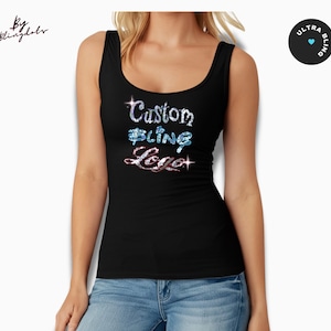 May include: Black tank top with a sparkly, iridescent design that says "Custom Bling Logo".